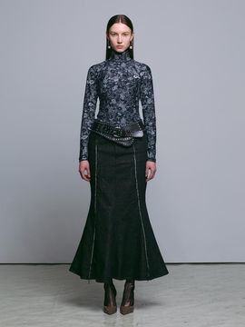 MUNN BLACK RAW CUT MERMAID DENIM SKIRT