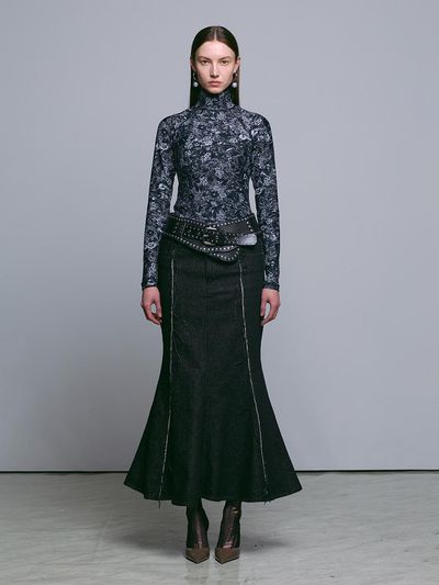 MUNN BLACK RAW CUT MERMAID DENIM SKIRT