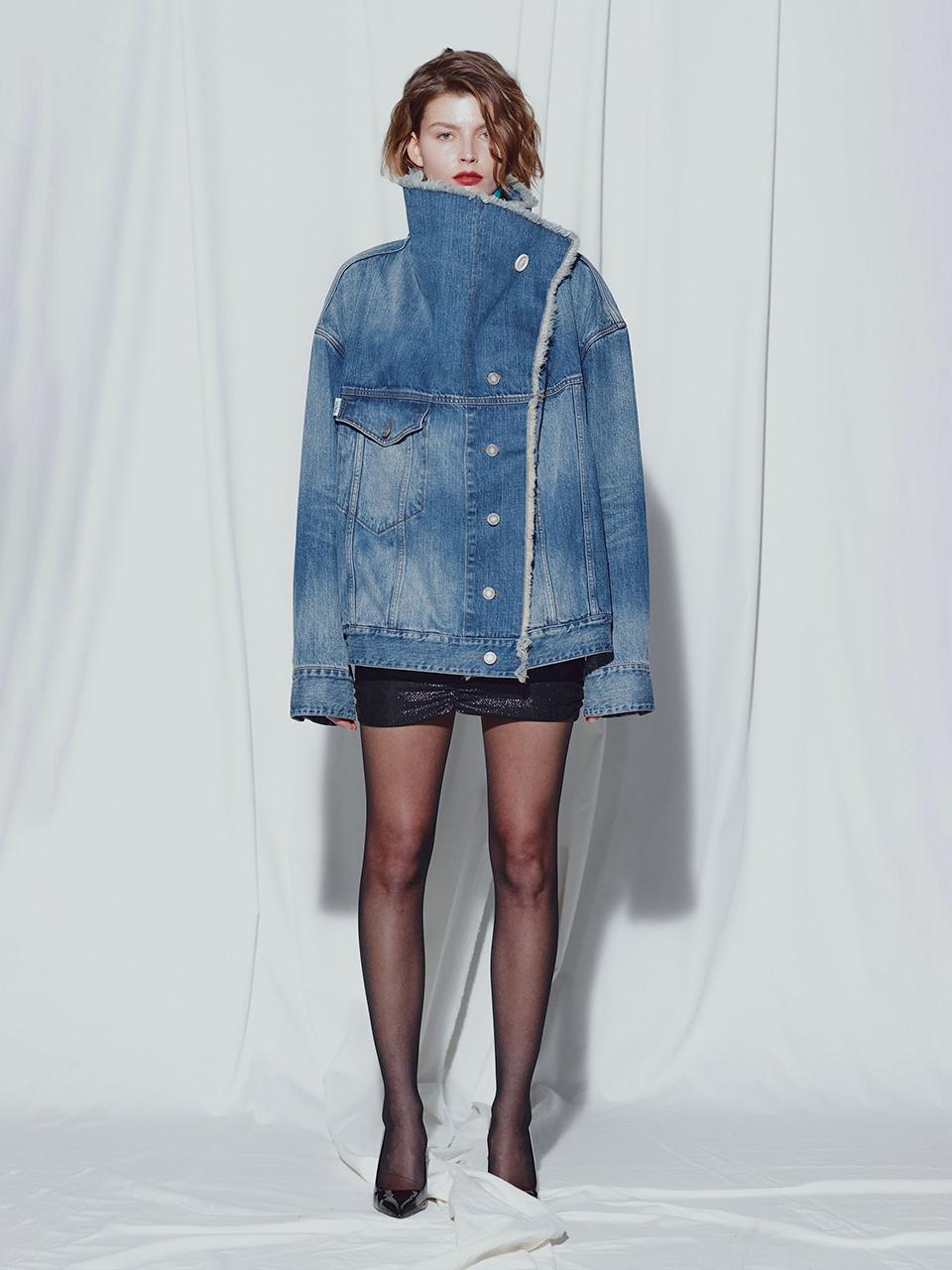 MUNN BLUE RAW CUT FUNNEL NECK DENIM TRUCKER