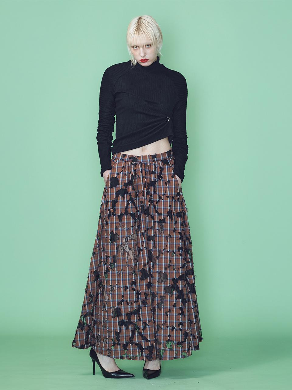 MUNN DESTRESSED CHECK LACE A-LINE MAXI SKIRT