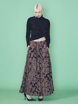 MUNN DESTRESSED CHECK LACE A-LINE MAXI SKIRT