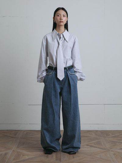 MUNN Logo Embroidered Cotton Classic Shirt and Tie [Grey]