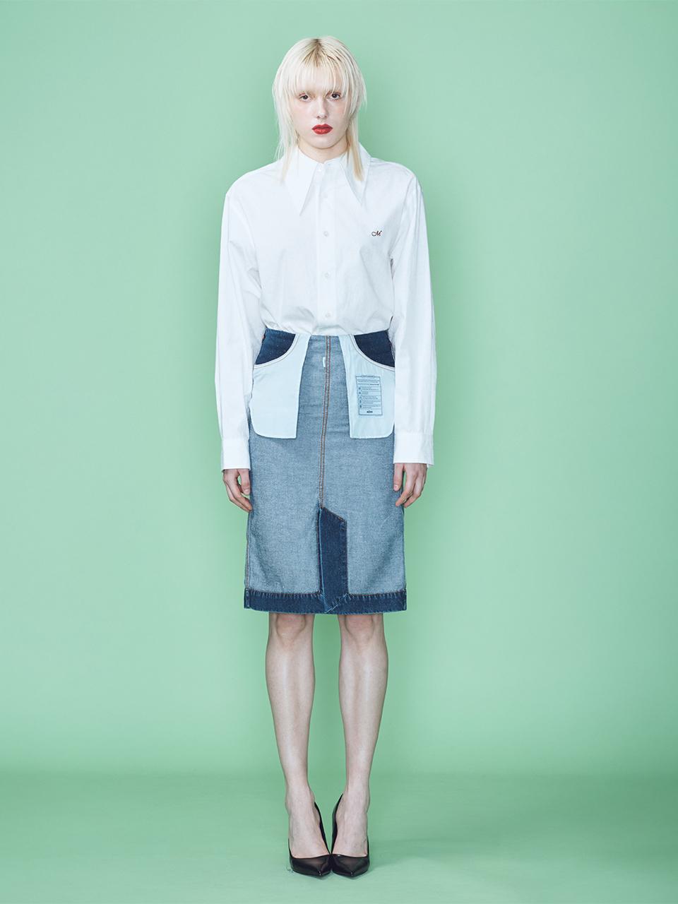MUNN REVERSED BELTLESS DENIM MIDI SKIRT