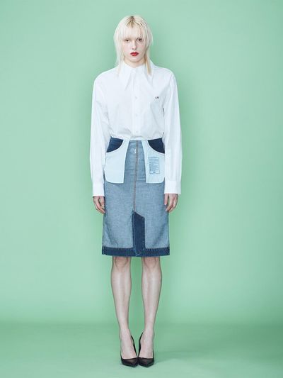 MUNN REVERSED BELTLESS DENIM MIDI SKIRT