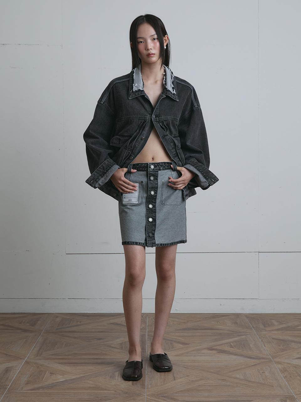 MUNN Reversed Contrast Button Up Denim Skirt [Black]