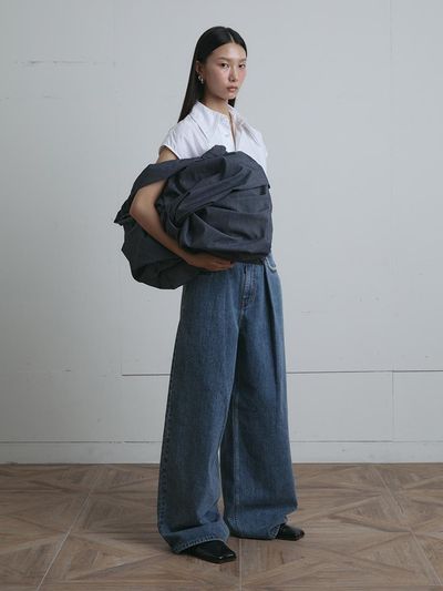 MUNN Wide Banding High-Rise Denim Pants [Blue]