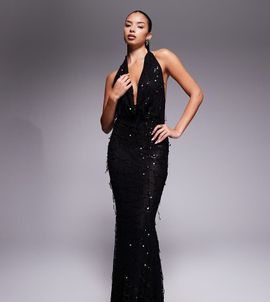 Murci Murci exclusive halterneck plunge cowl neck open back fishtail maxi dress in black sequins