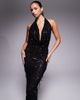 Murci Murci exclusive halterneck plunge cowl neck open back fishtail maxi dress in black sequins - 3