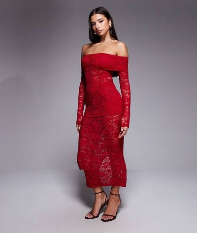 Murci Murci exclusive sheer lace bardot bodysuit and foldover waist maxi skirt set in red