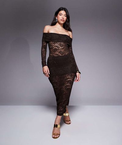 Murci Murci exclusive sheer lace off the shoulder bodysuit and foldover waist maxi skirt set in chocolate-Brown
