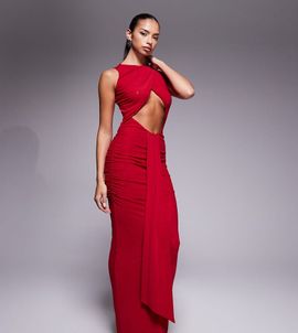 Murci Murci exclusive slash neck crossover front cut out drape detail sleeveless maxi dress in red