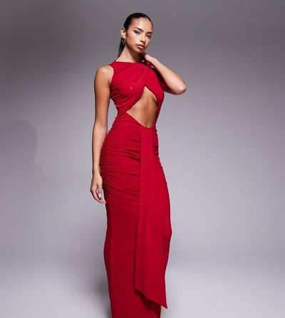 Murci Murci exclusive slash neck crossover front cut out drape detail sleeveless maxi dress in red