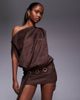 Murci Murci faux suede off-shoulder fold-over top eyelet belt detail mini dress in chocolate-Brown - 1