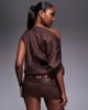 Murci Murci faux suede off-shoulder fold-over top eyelet belt detail mini dress in chocolate-Brown - 3