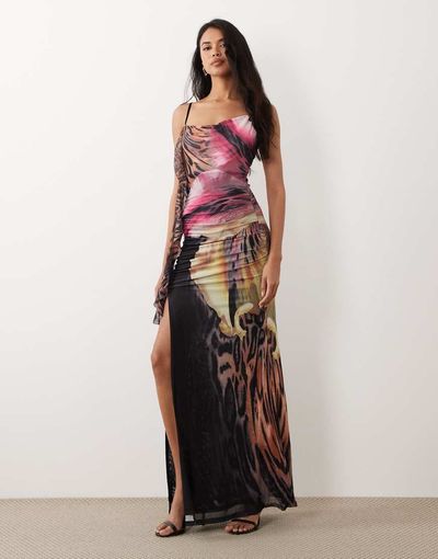 Murci Murci premium mesh cowl detail drape thigh slit maxi dress in leopard and orchid floral-Multi