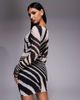 Murci Murci slash neck long sleeve plisse mini dress in mono zebra print-Multi - 4