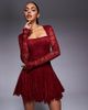 Murci Murci square neck long sleeve gathered ruffle hem lace mini dress in burgundy - 1