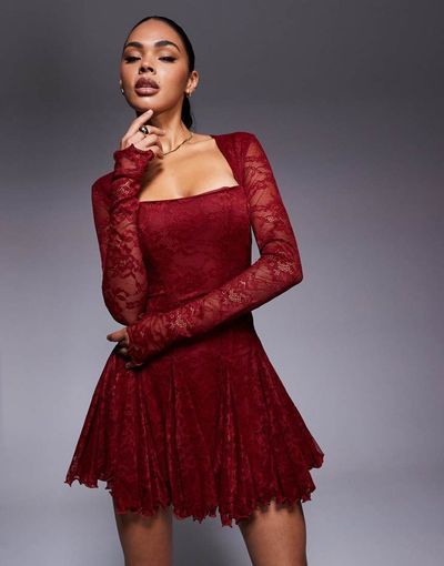 Murci Murci square neck long sleeve gathered ruffle hem lace mini dress in burgundy