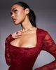 Murci Murci square neck long sleeve gathered ruffle hem lace mini dress in burgundy - 2