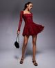 Murci Murci square neck long sleeve gathered ruffle hem lace mini dress in burgundy - 4