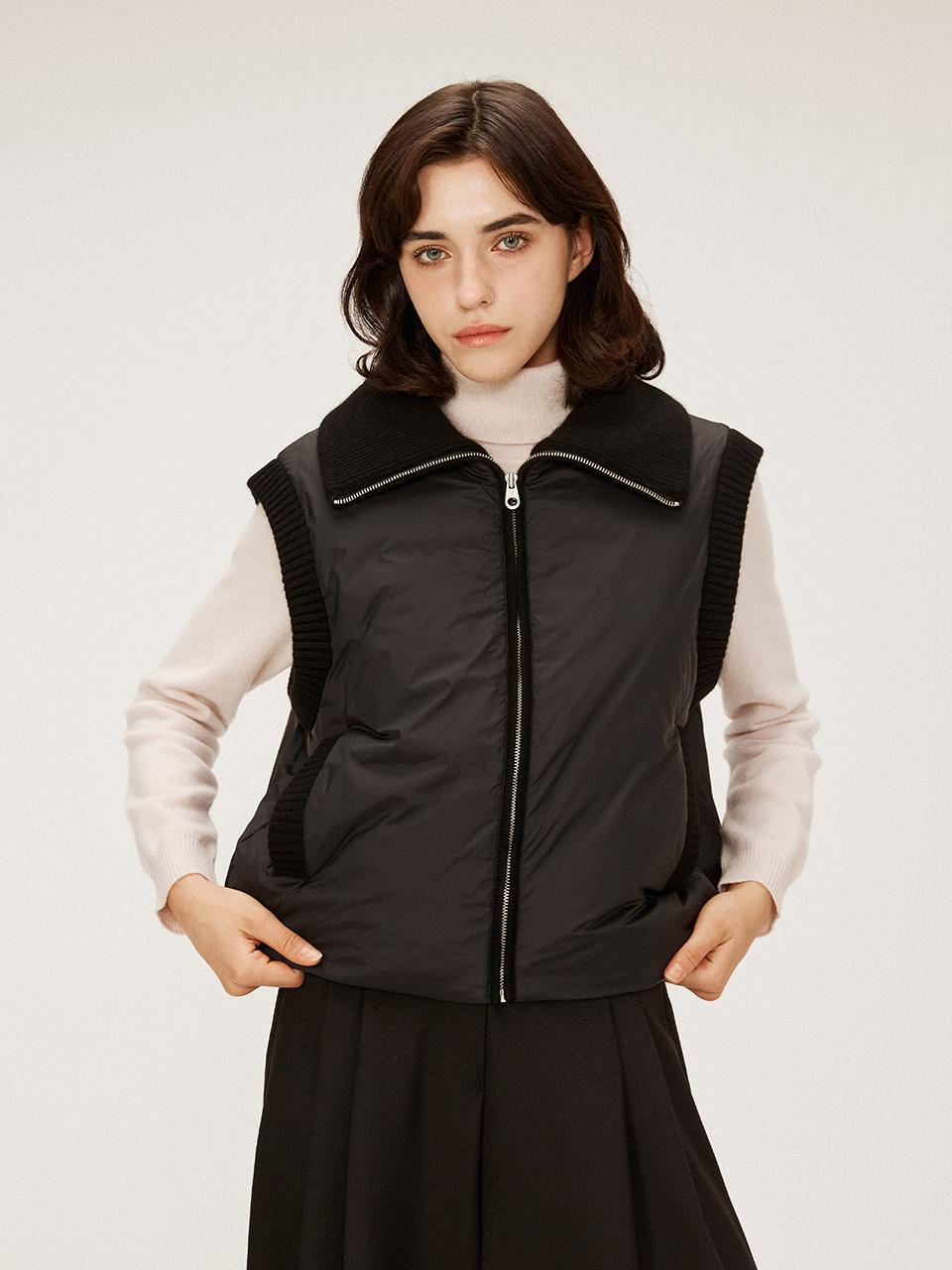 murray allan Wide Collar Knit Contrast Down Vest_ Black