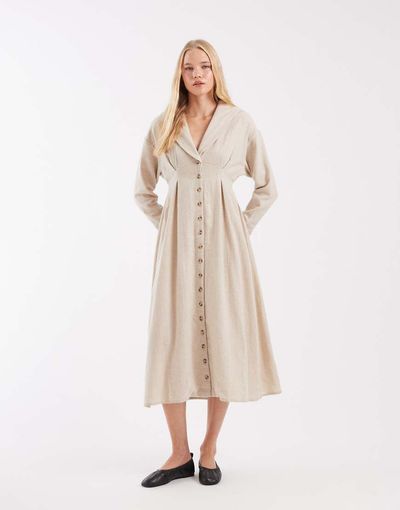 Muse Assembly Muse Assembly button down embroidered collar bridget midi dress in ecru-White