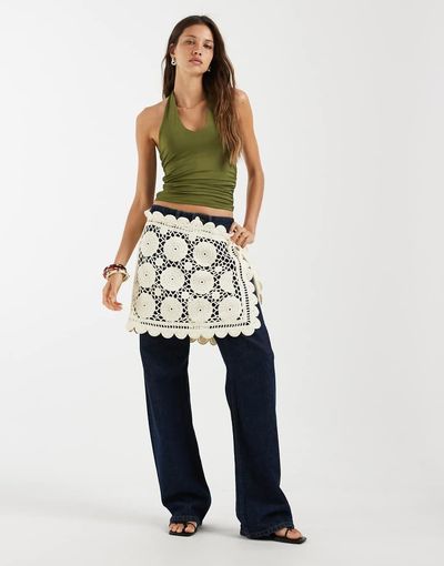 Muse Assembly Muse Assembly crochet side tie mini skirt in cream-White