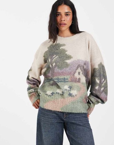 Muse Assembly Muse Assembly Erin graphic knit sweater in cream-Multi