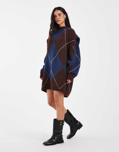 Muse Assembly Muse Assembly Lucie knit mini dress in brown/blue check-Multi