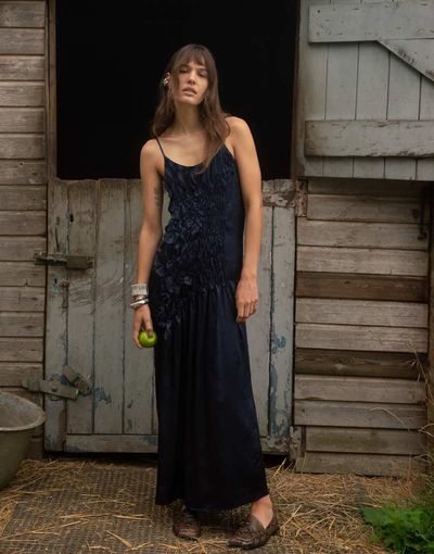 Muse Assembly Muse Assembly ruched drop waist crushed satin maxi dress in navy