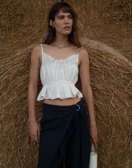Muse Assembly Muse Assembly shirred taffeta top with waist tie in white