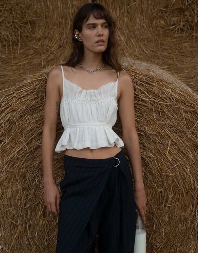 Muse Assembly Muse Assembly shirred taffeta top with waist tie in white