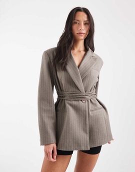 Muse Assembly Muse Assembly structured blazer with cinched waist tie in gray pinstripe