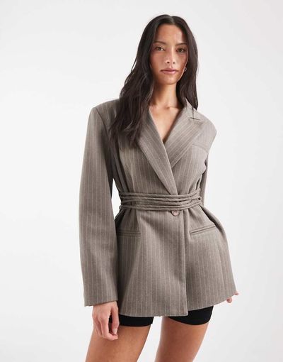 Muse Assembly Muse Assembly structured blazer with cinched waist tie in gray pinstripe