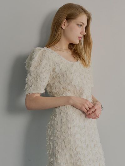 MUSE BY ROSE Eva Tweed H-line Midi Dress [Cream Ivory]