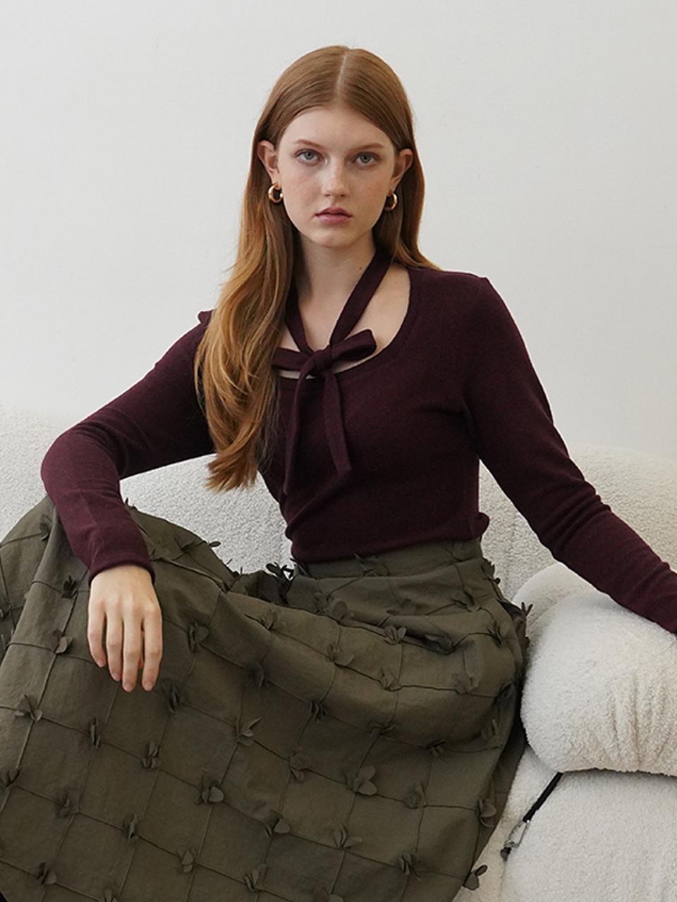 MUSE BY ROSE Flared Ribbon Pattern Midi Skirt [Khaki]