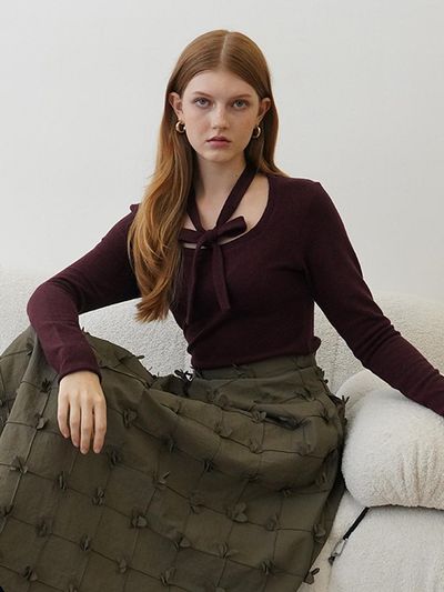 MUSE BY ROSE Flared Ribbon Pattern Midi Skirt [Khaki]