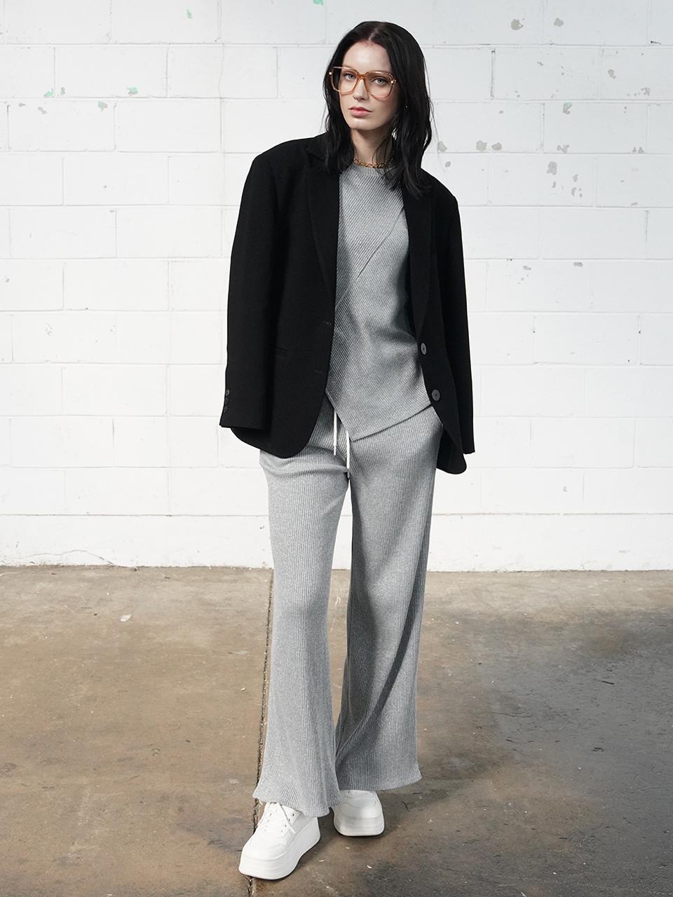 MUSE BY ROSE Glitter High-Rise Wide-Leg Pants [Light Gray]