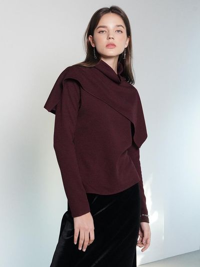 MUSE BY ROSE High-neck Layered Scarf Top [BURGUNDY]
