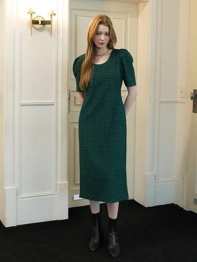 MUSE BY ROSE KARINA houndstooth check midi dress [GREEN]
