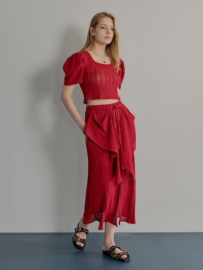 MUSE BY ROSE Lace Draped Midi Skirt [Red]