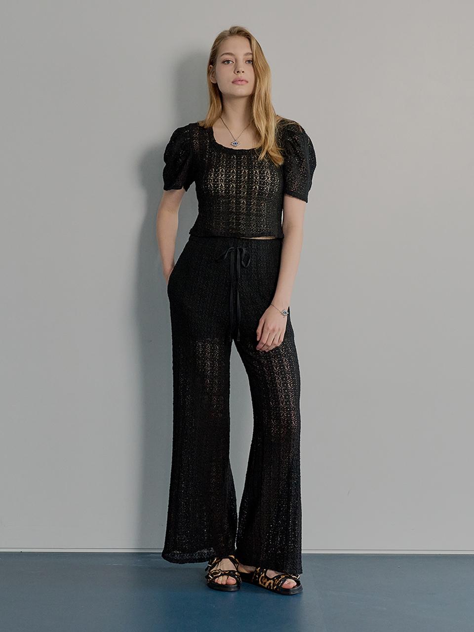 MUSE BY ROSE Lace Wide Cotton-Blend Pants [BLACK]