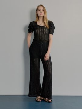 MUSE BY ROSE Lace Wide Cotton-Blend Pants [BLACK]