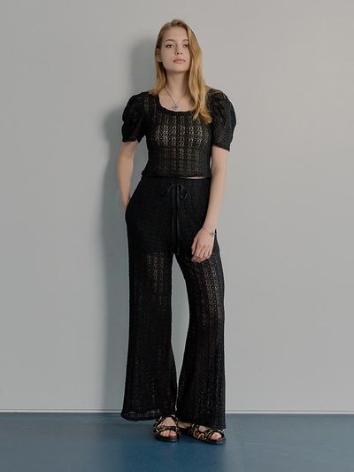 MUSE BY ROSE Lace Wide Cotton-Blend Pants [BLACK]