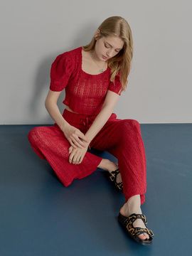 MUSE BY ROSE Lace Wide Cotton Blend Pants [RED]