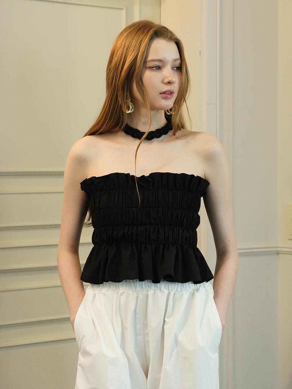 MUSE BY ROSE MEGAN RUFFLE SHIRRING TUBE TOP [BLACK]