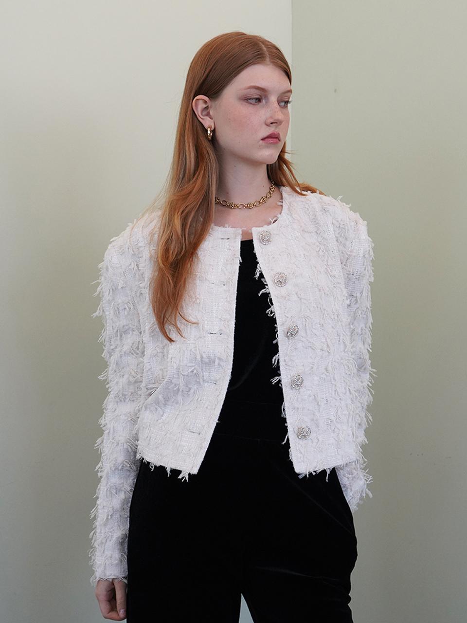 MUSE BY ROSE Oversized Collarless Tweed Jacket [Beige]
