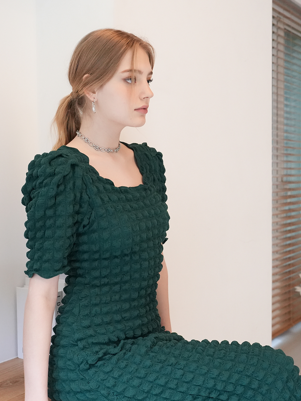 MUSE BY ROSE Puff Sleeve Midi Dress (Green)