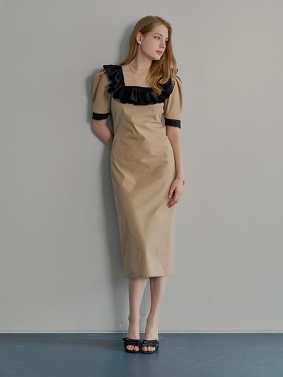 MUSE BY ROSE Ruffled H-Line Midi Dress [Beige] (L)