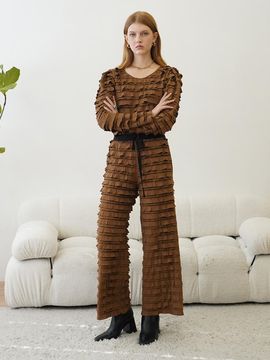 MUSE BY ROSE Ruffled Semi-Wide Elastic Waist Pants [Brown]